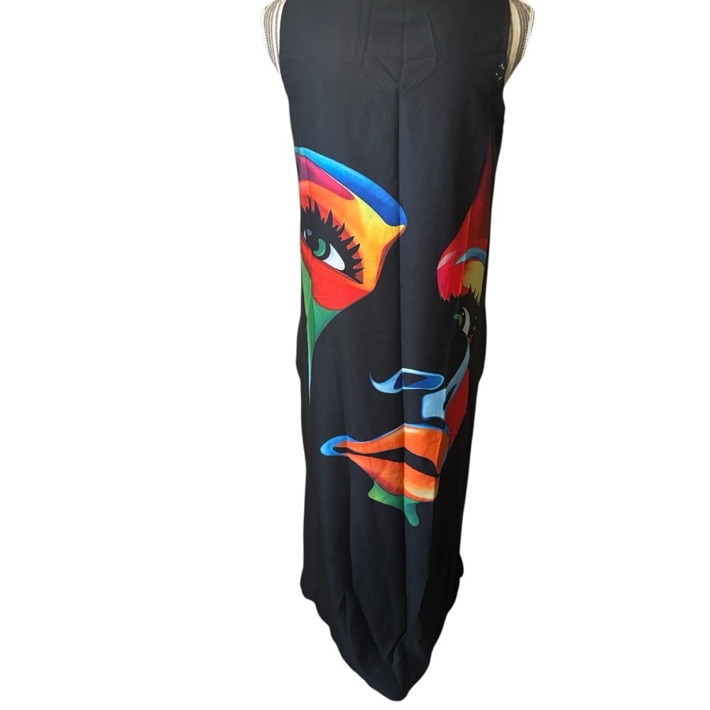 Festival Dress Small Black Multicolor Face Print Art Deco Sleeveless Maxi Colors - Picture 8 of 15